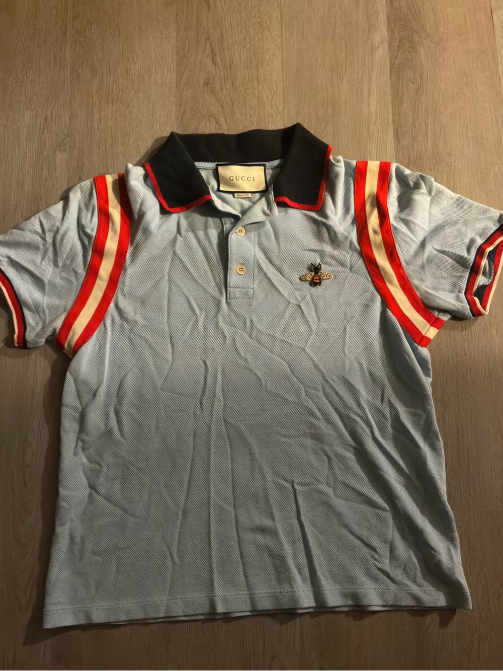 Gucci Light Blue Polo with Red and Cream Stripes